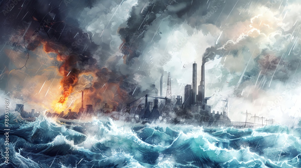 Fototapeta premium Tidal power station in a dramatic storm scene