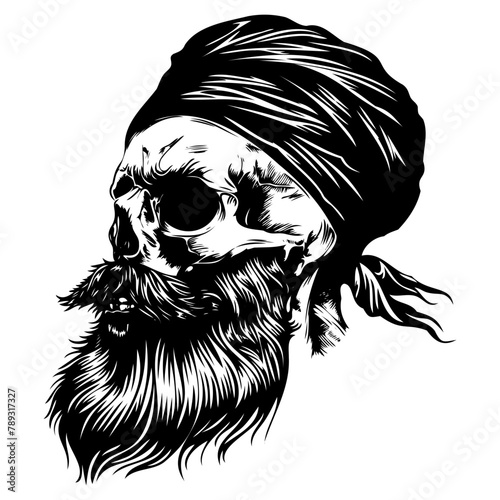 Black and White Bearded Skull Illustration SVG
