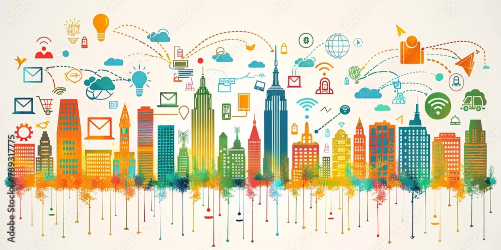 City skyline with web and technology icons