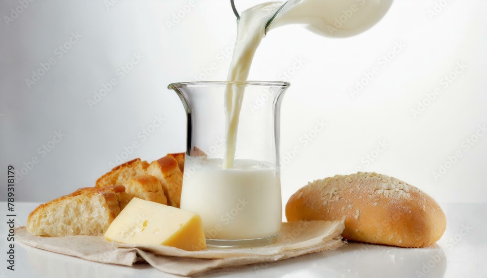 Milk being poured into a glass cup. Breads and cheeses in the composition. White background.
Milk being poured into a glass cup. Breads and cheeses in the composition. White background.