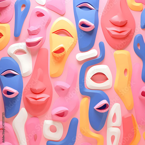 Seamless pattern with colorful masks on pink background. 3d illustration