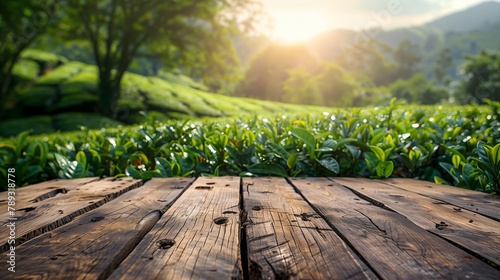 Sunset Over Tea Plantation with Wooden Deck photo