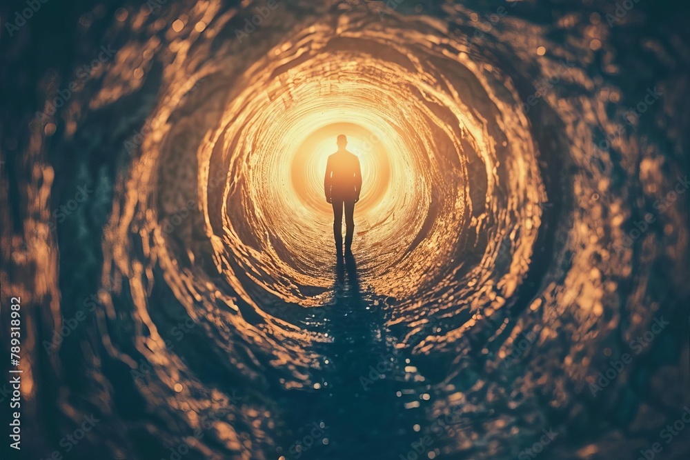 abstract silhouette of person staring into the abyss light at the end of the tunnel symbolic wallpaper background - obrazy, fototapety, plakaty 