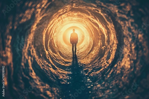 abstract silhouette of person staring into the abyss light at the end of the tunnel symbolic wallpaper background photo