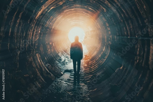 abstract silhouette of person staring into the abyss light at the end of the tunnel symbolic wallpaper background photo