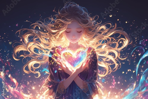 Beautiful woman with curly hair hugging her colorful heart, fantasy illustration in the style of magical aura, dark background.