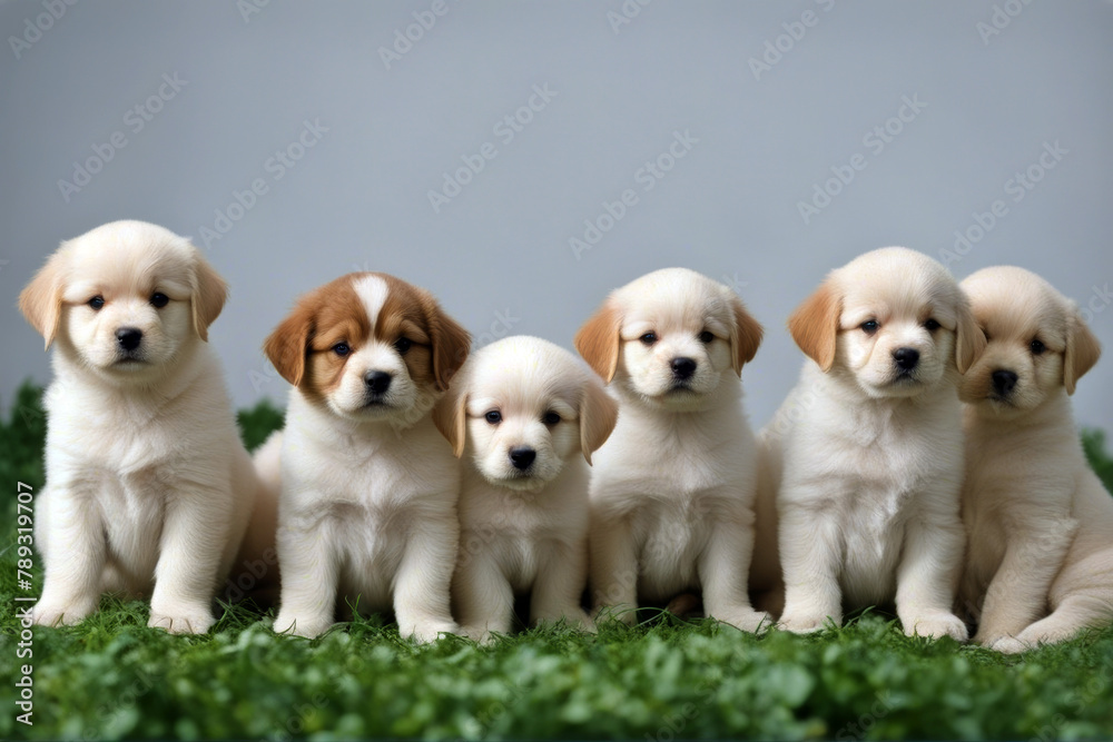 background white Group puppies sitting front canino german shepherd dog togetherness bernese mountain isolated studio view standing pet