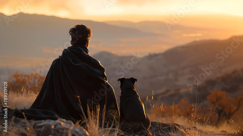 Silhouette of a man with a blanket sitting on a rock in the mountains