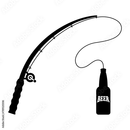 Fishing Rod, Bottle Beer, Hand Drawn Vector Illustration
