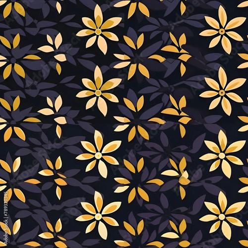 Seamless pattern with yellow flowers on dark background. Vector illustration.