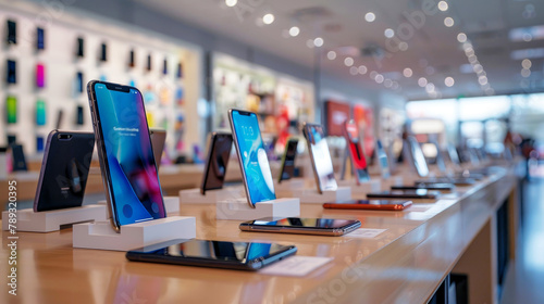 Sleek smartphones on display in a modern store with vibrant backgrounds photo