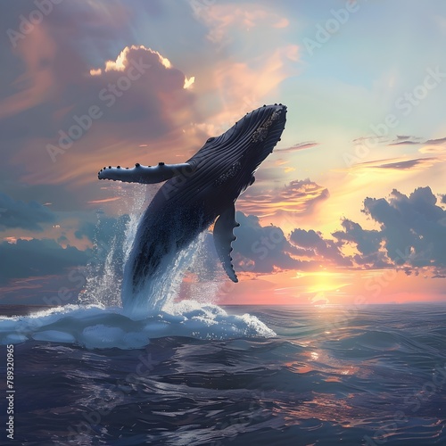 Majestic Humpback Whale Breaching Ocean Surface at Dramatic Sunset