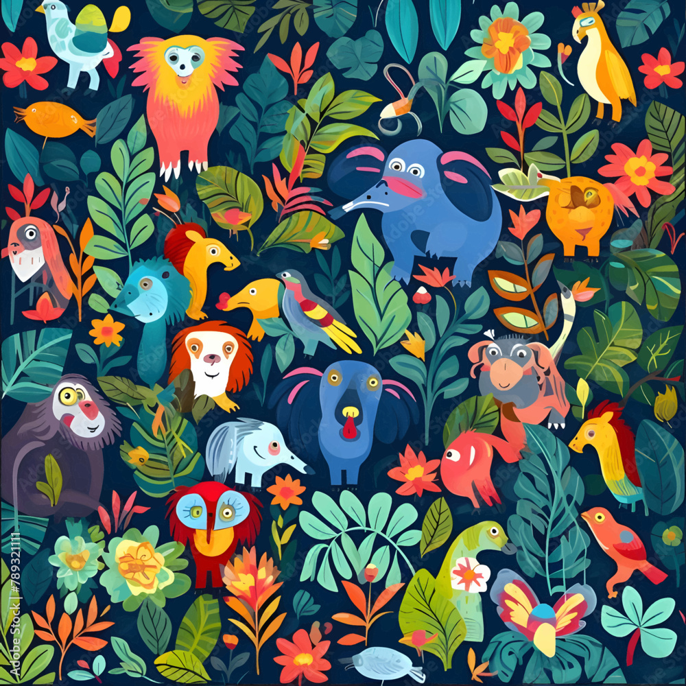 Seamless pattern with cute cartoon animals and plants. Vector illustration.