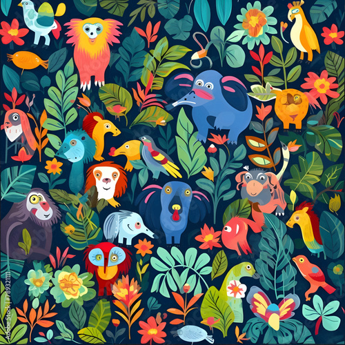 Seamless pattern with cute cartoon animals and plants. Vector illustration.