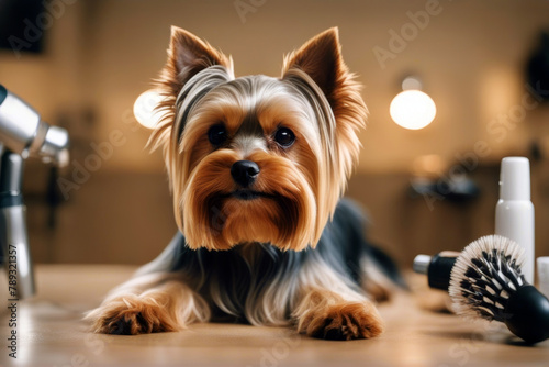 isolated grooming dogs salon Yorkshire terrier doggy pamper funny background hairstylist pedigree humor object coiffure hairdresser scissors hair comb styling care pretty photo