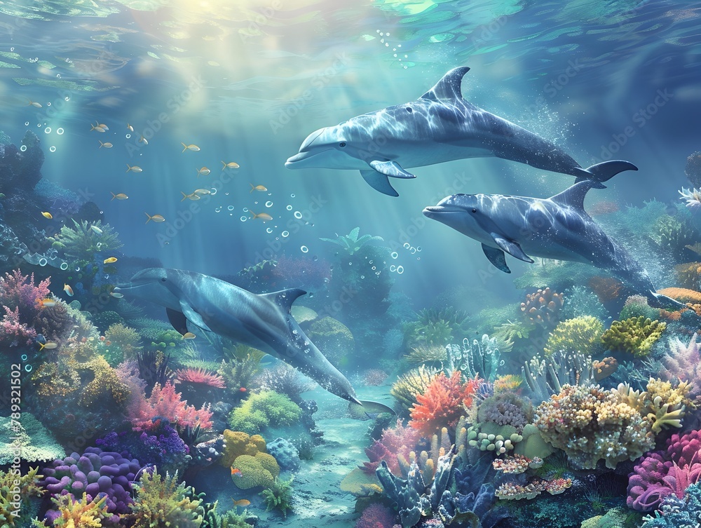 Fototapeta premium Majestic School of Dolphins Soaring Through the Vibrant Coral Reef Ecosystem Beneath Crystal Clear Tropical Waters
