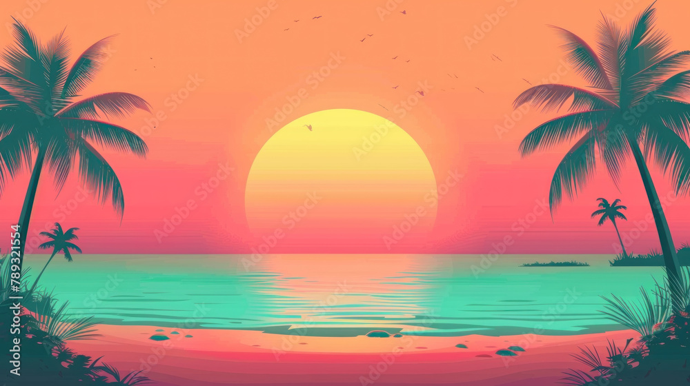 2d flat design illustration abstract colorful summer banner background with beach vibes decorate. illustration of sunset in the style of 80s retro, depicting a tropical beach landscape