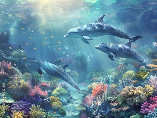 Majestic School of Dolphins Soaring Through the Vibrant Coral Reef Ecosystem Beneath Crystal Clear Tropical Waters