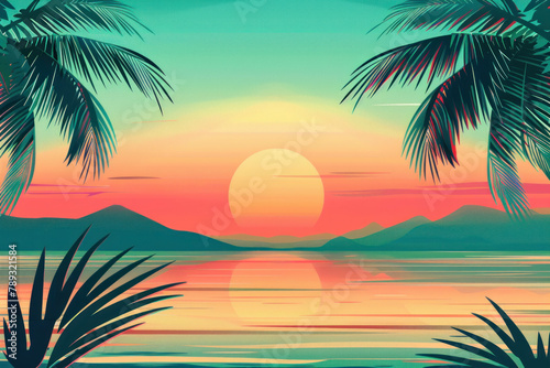 2d flat design illustration abstract colorful summer banner background with beach vibes decorate. illustration of sunset in the style of 80s retro  depicting a tropical beach landscape