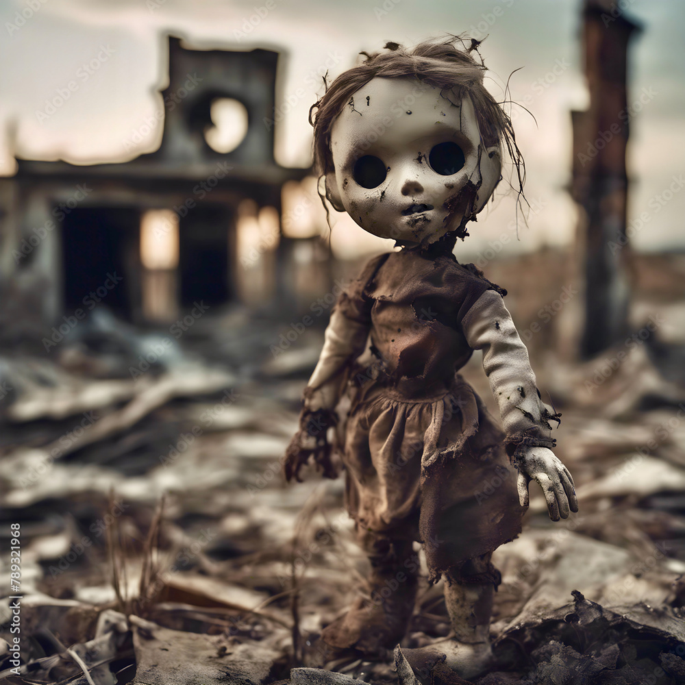 Broken dirty doll in the city after the apocalypse in the city Broken dirty doll in the city after the apocalypse in the city