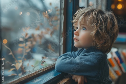 A small blond curly boy stands at the window in the house photo
