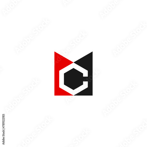 MC monogram logo with hexagon shape - red and black.