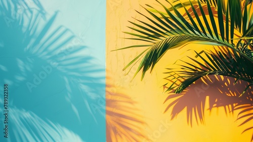 summer 3D background. summer minimal modern concept, bright background with palm tree and sunlight shadows. copy space