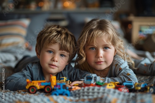 Little girl and boy lying on bed with toys