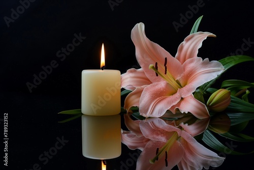 a pink lily and candle on black reflective surface against dark background