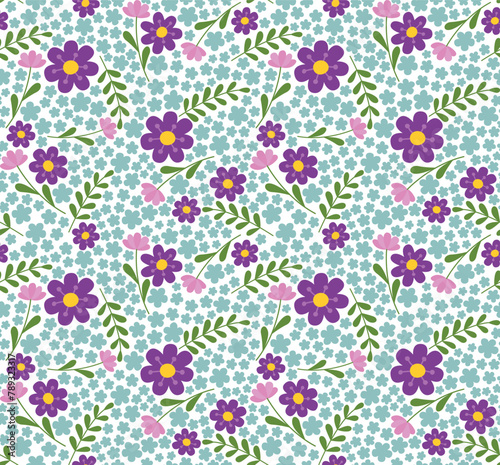 Seamless colorful pattern with purple and blue flowers and leaves. Vector cartoon backdrop in flat style 