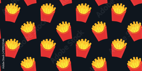 Food background, seamless pattern with french fries. American fast food, vector illustration in flat style.