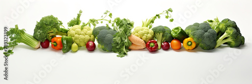 A variety of vegetables arranged horizontally in a line. Design elements with vegetables on a white background.