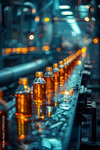 Bottled juice production line in a factory, selective focus