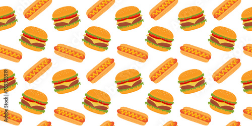 Food background, seamless pattern with hamburger and hot dog. American fast food, vector illustration in flat style.