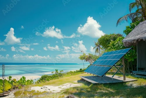 A single portable solar panel stands in the sandy shores near a tropical beach villa, basking in the golden light of the setting sun, symbolizing sustainable living in paradise.