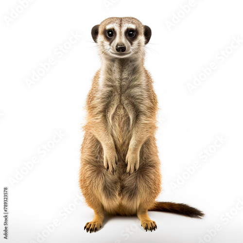 Standing meerkat on white background. photo