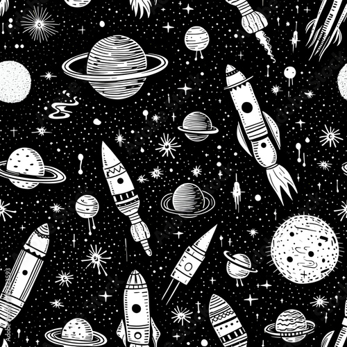 Seamless pattern with space elements. Hand drawn vector illustration.