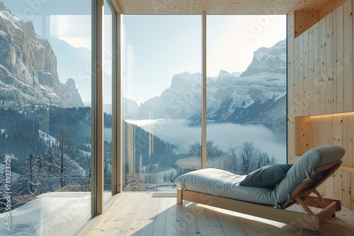 A bedroom with large windows opens to a breathtaking alpine landscape, inviting tranquility with a solitary chair awaiting an admirer of nature's grandeur