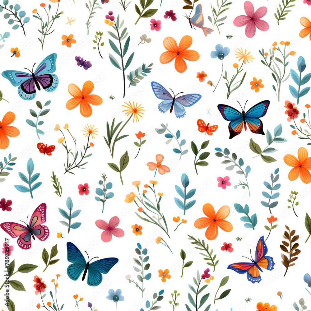 Seamless pattern with butterflies, flowers and leaves. Vector illustration.