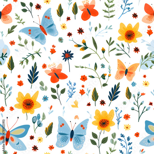 Seamless floral pattern with butterflies and flowers. Vector illustration.