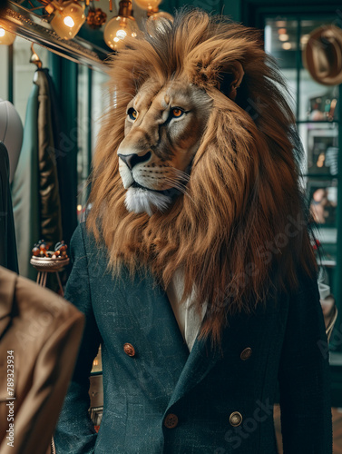A man is wearing a suit and a lion s head