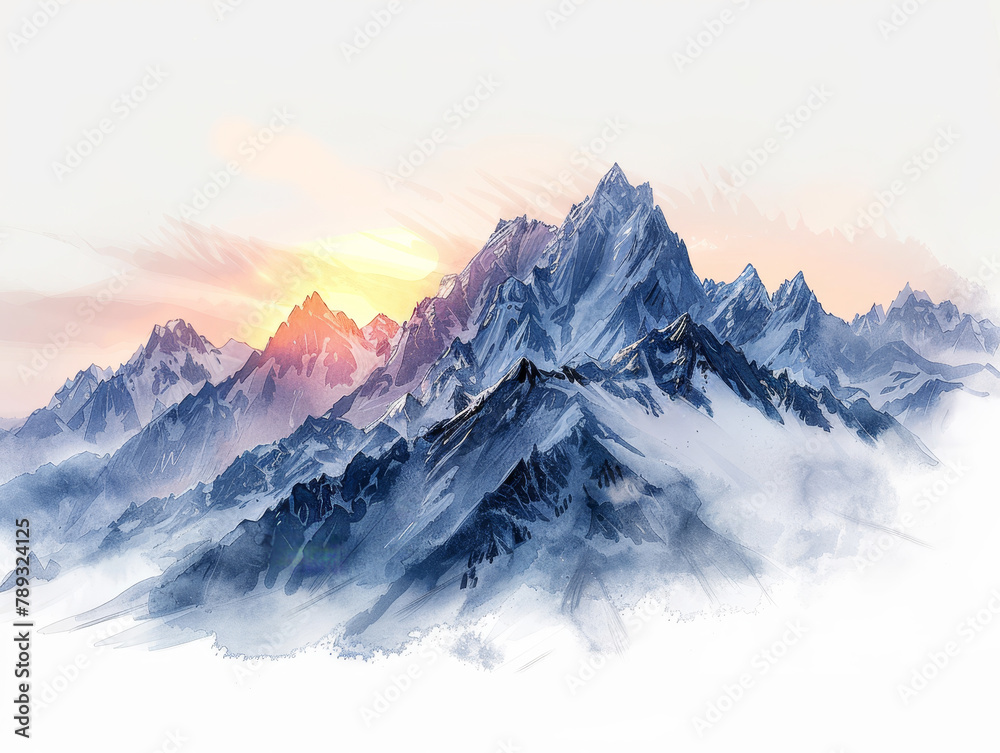 Serene mountain landscape at sunset with majestic peaks and soft hues