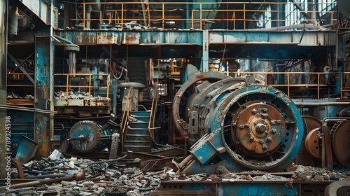 Closeup of scrap metal in an abandoned plant or factory with old machinery or decommissioned industrial equipment