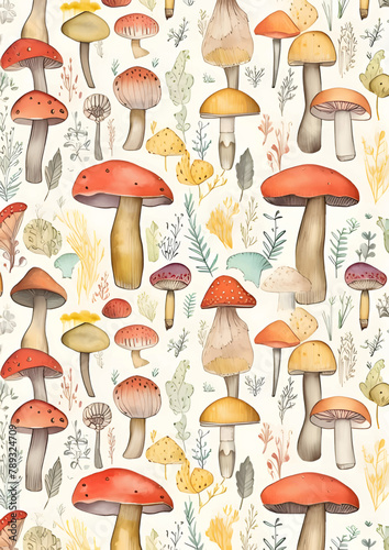 Seamless pattern with mushrooms and plants. Watercolor illustration.