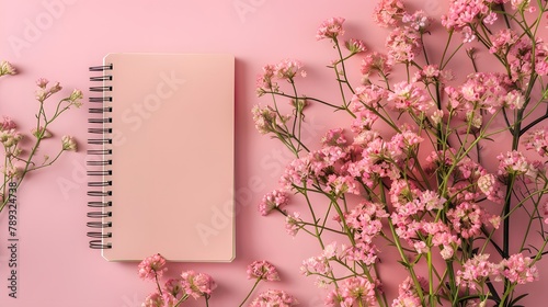 Top view of pink diary with pink flowers on right placed on pink colored background