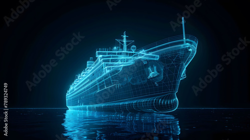 Illuminated Blue Wireframe Cruise Ship on