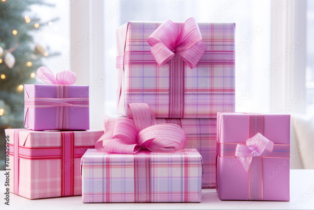 Assorted gifts wrapped in festive tartan paper, arranged in a cute and colorful display сreated with Generative Ai Assorted gifts wrapped in festive tartan paper, arranged in a cute and colorful display сreated with Generative Ai