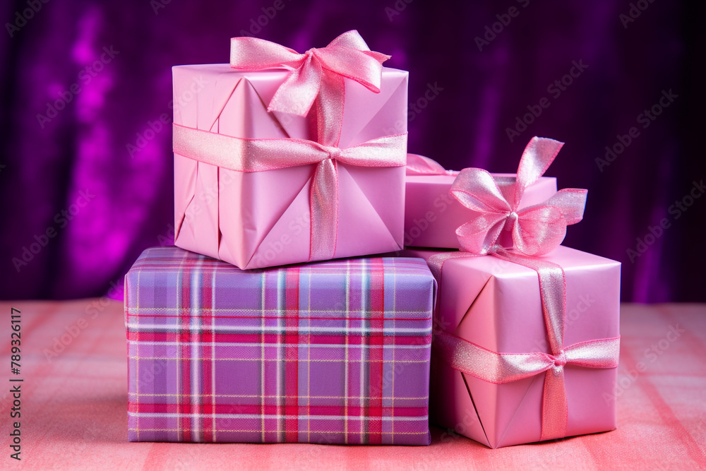 Assorted gifts wrapped in festive tartan paper, arranged in a cute and colorful display сreated with Generative Ai Assorted gifts wrapped in festive tartan paper, arranged in a cute and colorful display сreated with Generative Ai