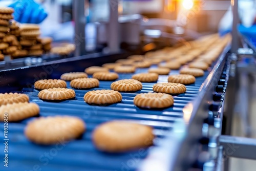 automated bakery production line cookies on conveyor belt food manufacturing process industrial background