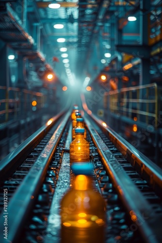 Brown bottles on a production line in a factory, selective focus